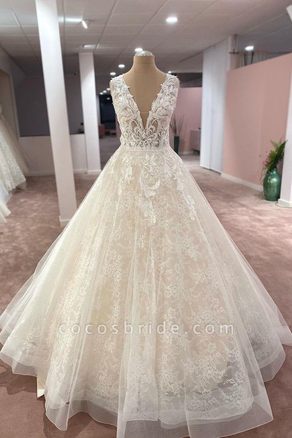 Modest Deep V-neck Wide Straps Appliques Lace Tulle A-Line Floor-length Wedding Dress