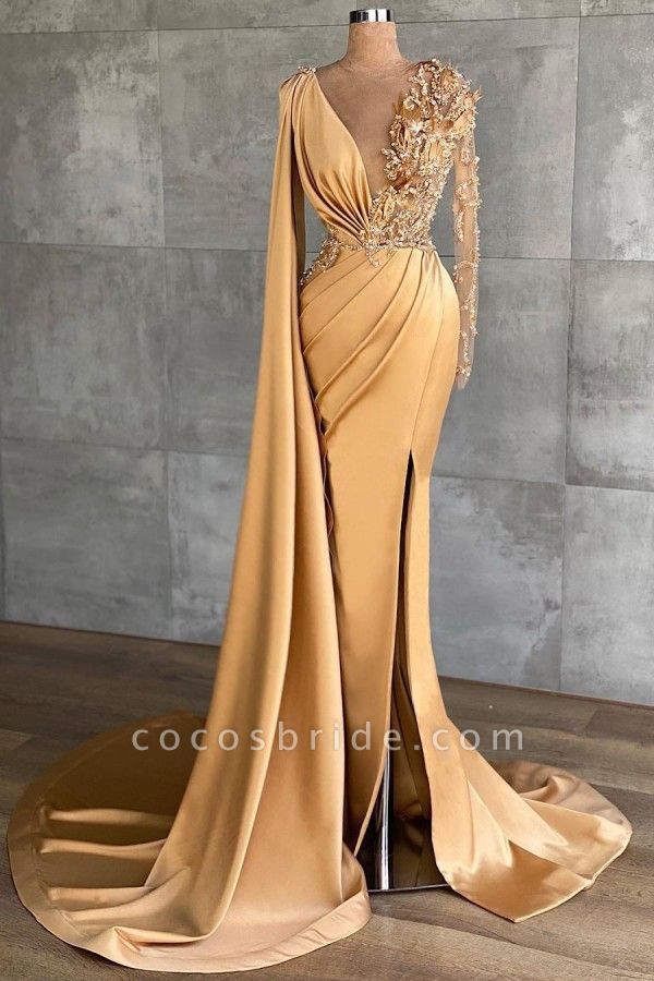 Elegant Mermaid Long sleeves V-neck Side Slit Prom Dress with Shawl