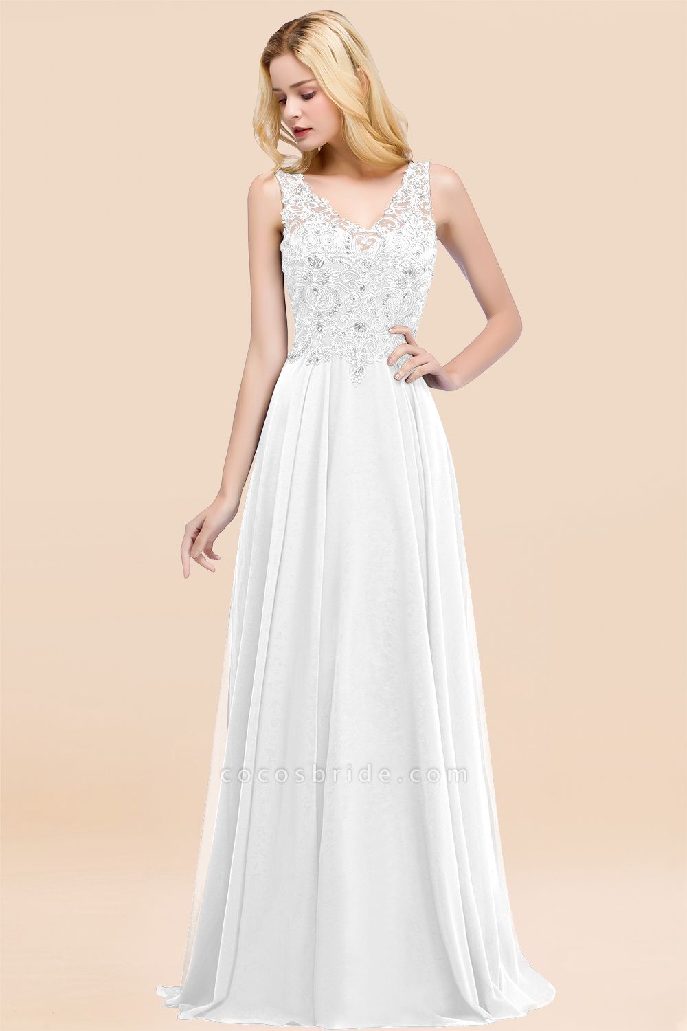 BM0324 Dusty Rose Lace V-Neck Long Bridesmaid Dresses With Appliques