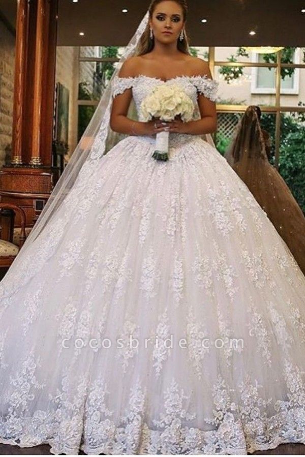 Luxury Long Ball Gown Off-the-shoulder Lace Wedding Dress with Catheral Train