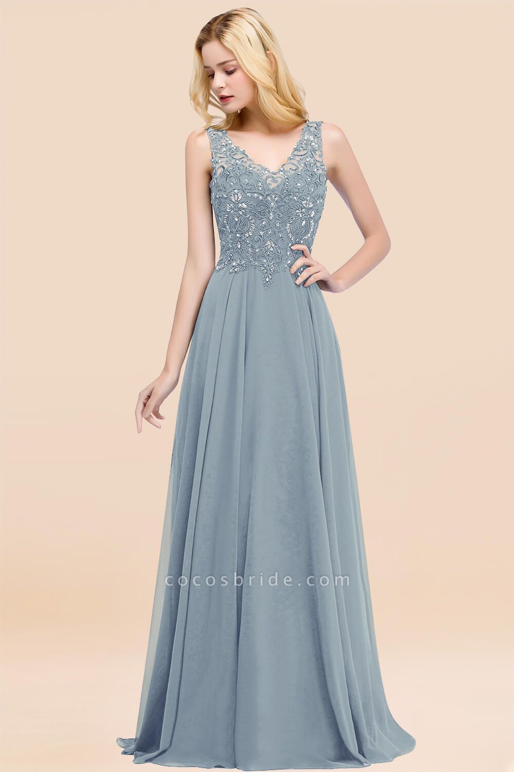 A-line Chiffon Appliques V-neck Sleeveless Floor-Length Bridesmaid Dresses with Crystals