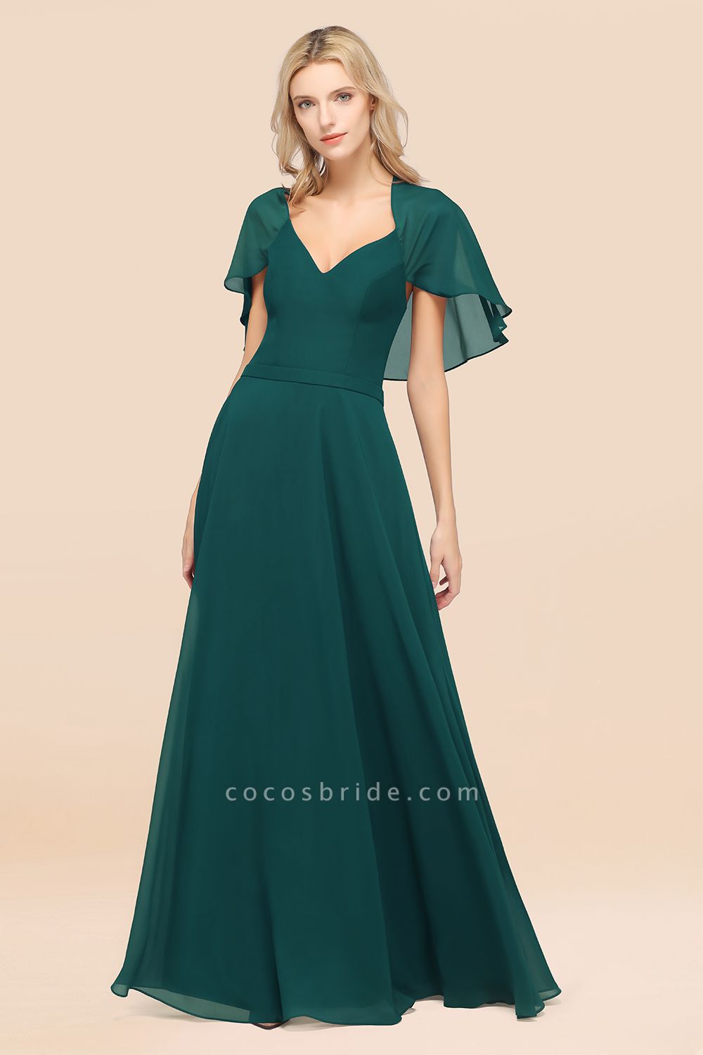 A-Line aus Chiffon, Satin mit V-Ausschnitt, kurzen Ärmeln, bodenlangen Kleid für Brautjungfer