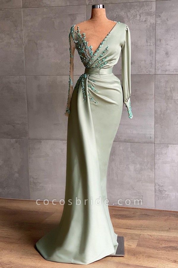 Simple Deep V-neck Long Sleeve Pearl Floor-length Ruffles Mermaid Prom Dress