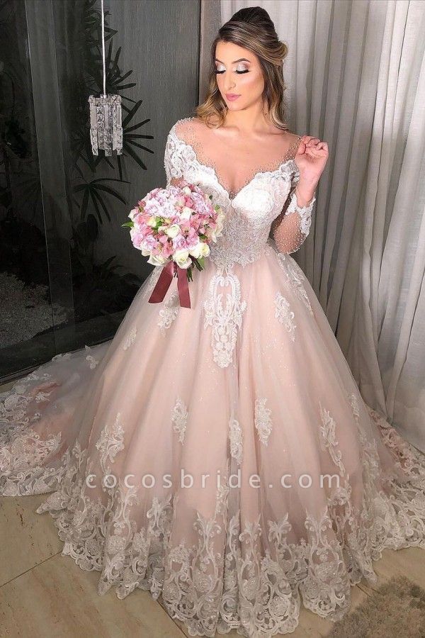 Long Sleeves Princess Off-the-shoulder Tulle Floral Lace Appliques Wedding Dress