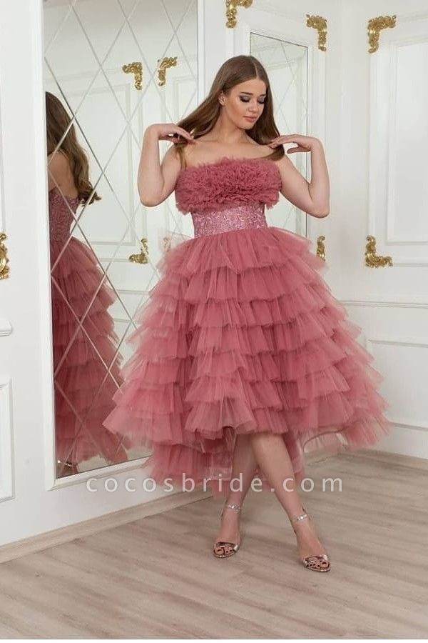 Beautiful Strapless Backless Tulle Ruffles A-Line  High Low Prom Dress With Sash