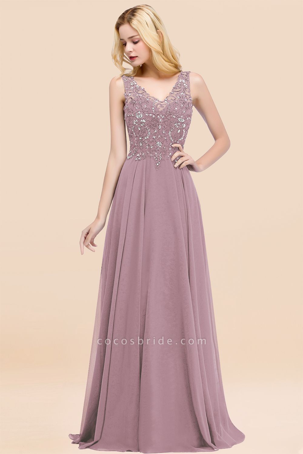 BM0324 Dusty Rose Lace V-Neck Long Bridesmaid Dresses With Appliques