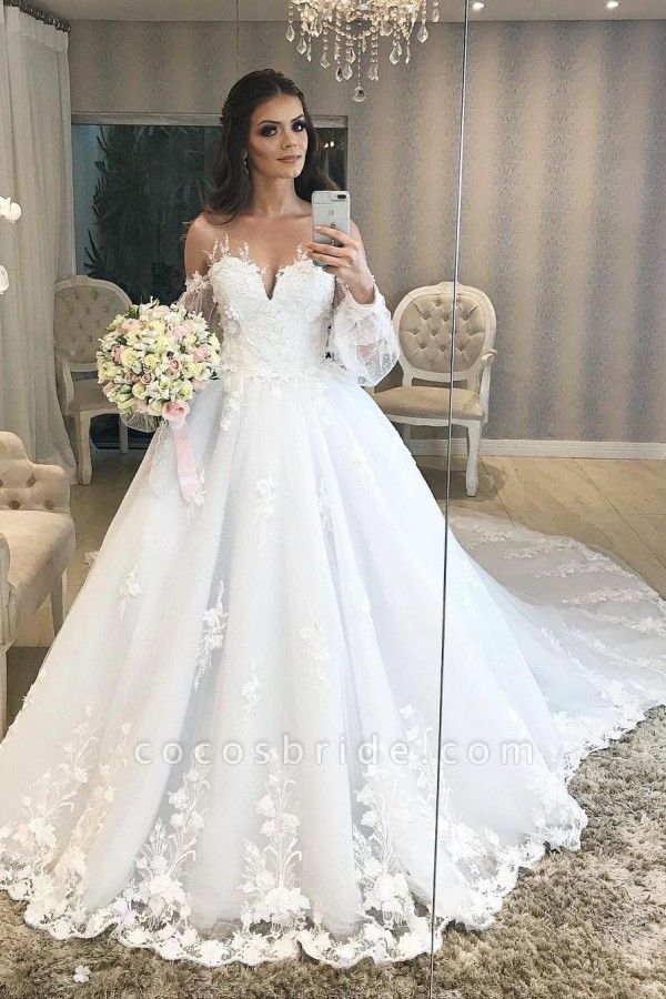 Elegant Long Princess Off-the-shoulder Tulle Wedding Dress with Bubble Sleeves