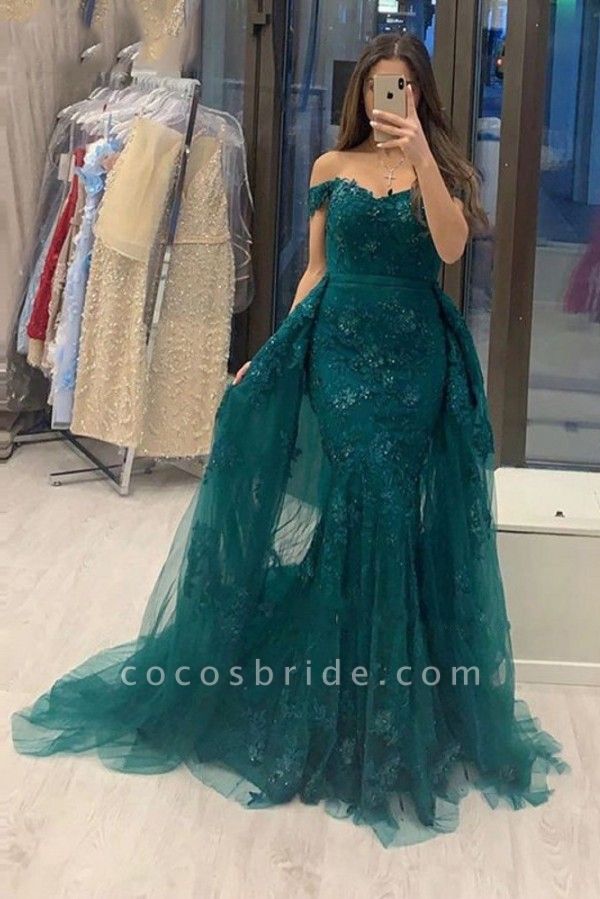 Elegant Off-the-shoulder Sweetheart A-line Floor-length Tulle Appliques Lace Prom Dress