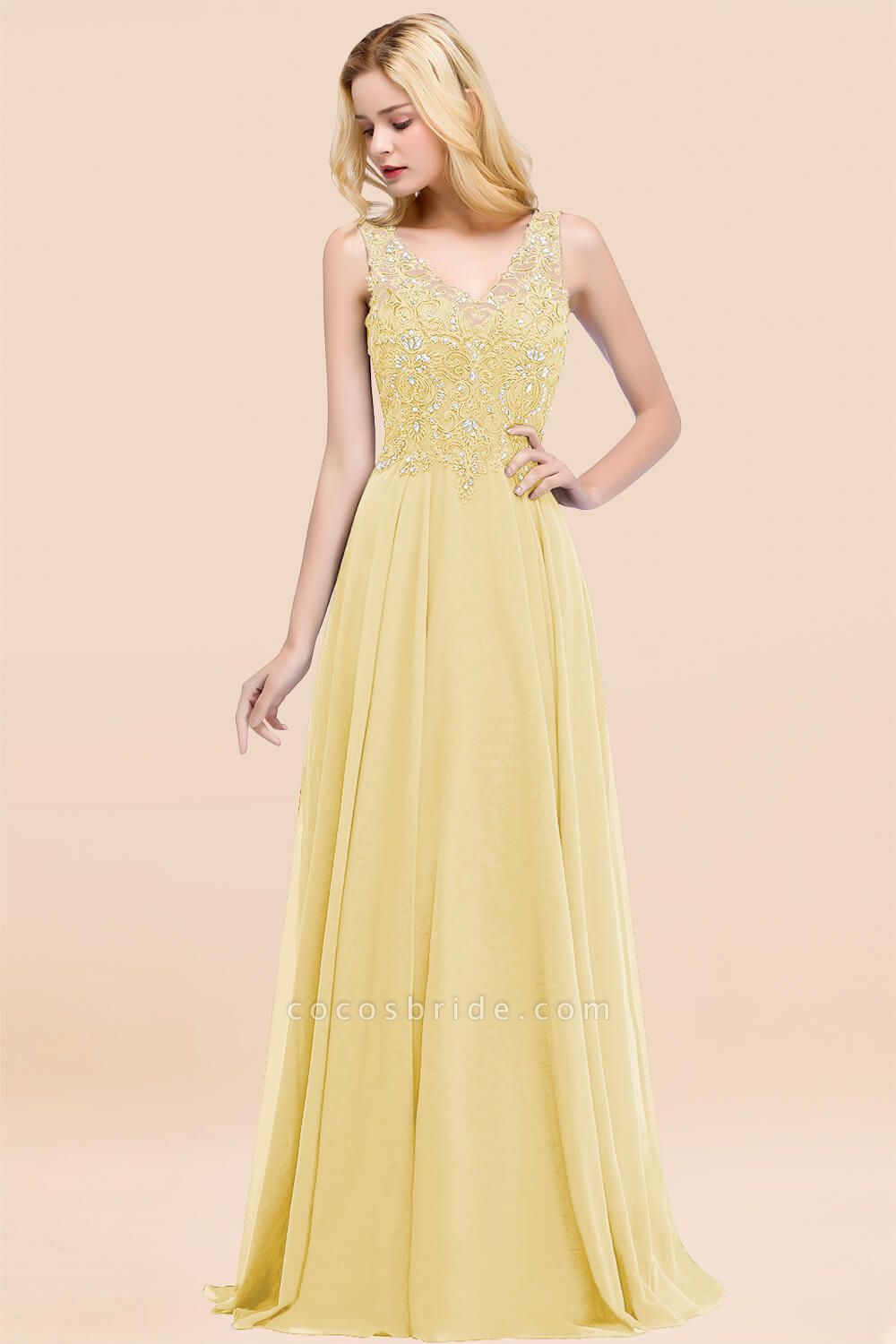 A-line Chiffon Appliques V-neck Sleeveless Floor-Length Bridesmaid Dresses with Crystals