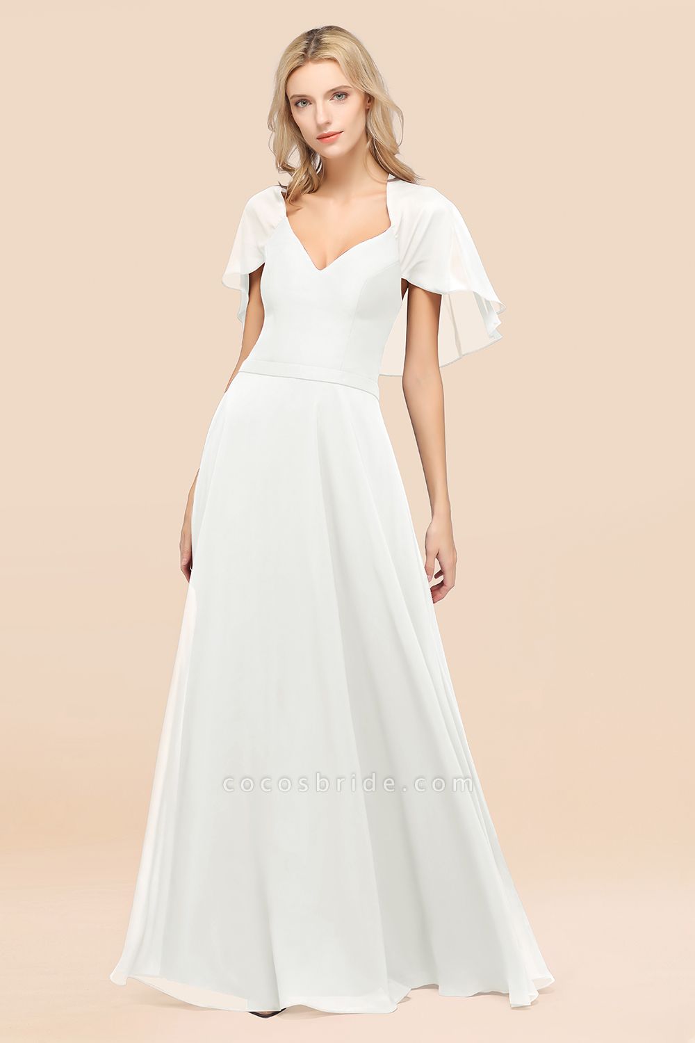 A-Line aus Chiffon, Satin mit V-Ausschnitt, kurzen Ärmeln, bodenlangen Kleid für Brautjungfer