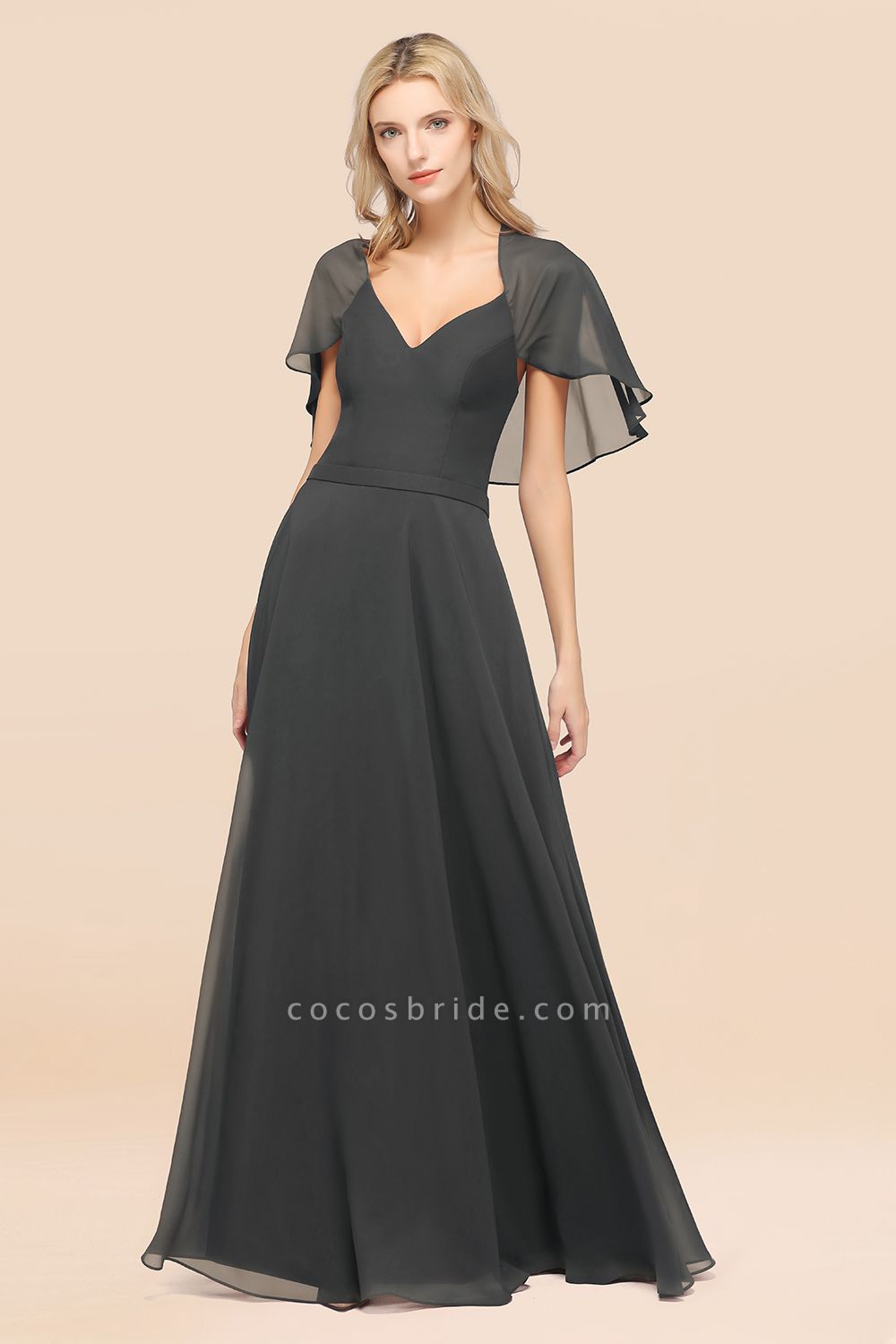 A-Line Chiffon Satin V-Neck short-sleeves Floor-Length Bridesmaid Dress