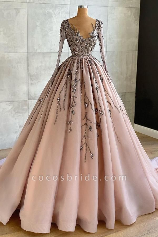 Classy A-line Deep V-neck Beading Long Sleeve Ruffles Tulle Prom Dress