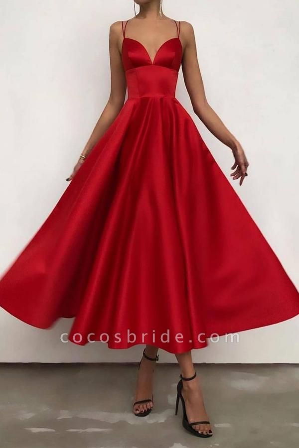 Glamorous Short A-line V-neck Satin Spaghetti Straps Tea-length Prom Dress