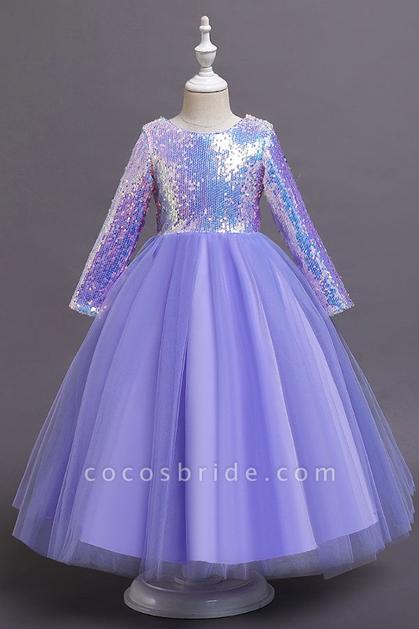 FS9969 Long Sleeve Sequins Tea Length Flower Girl Dress