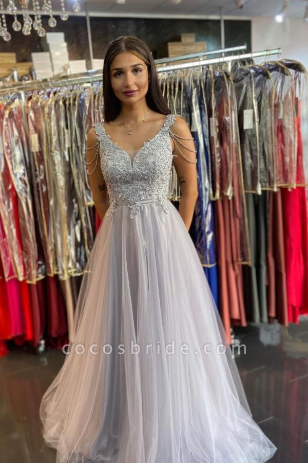 Elegant Sweetheart Spaghetti Straps A-line Appliques Lace Beading Tulle Backless Prom Dress