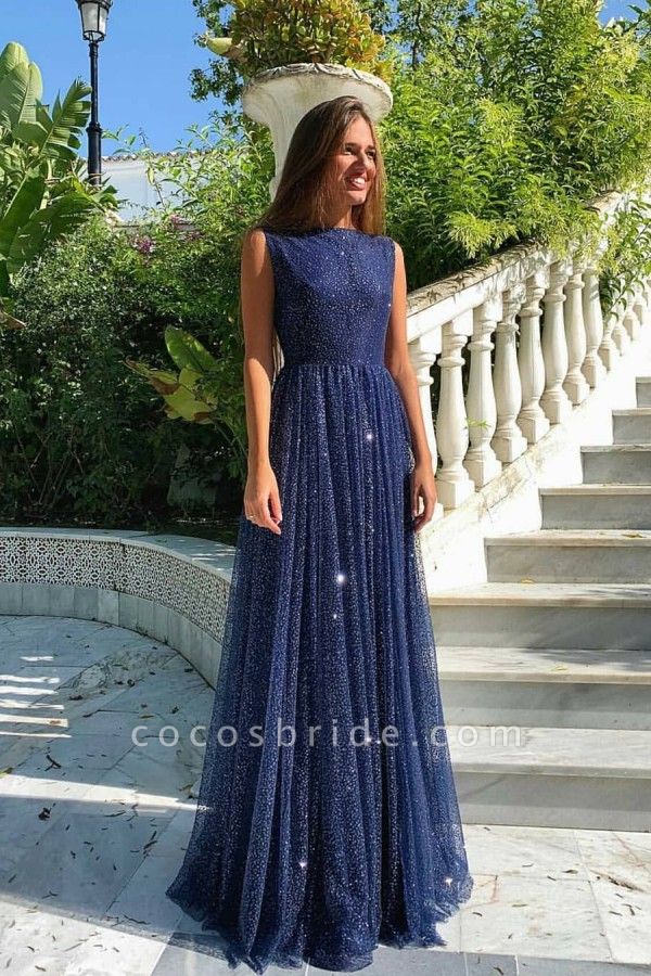 Simple A-line Bateau Floor-length Sequins Ruffles Prom Dress With Sequins
