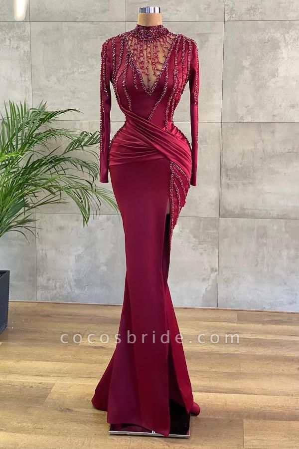 Vintage High Neck Long Sleeve Beading Floor-length Ruffles Mermaid Prom Dress With Split