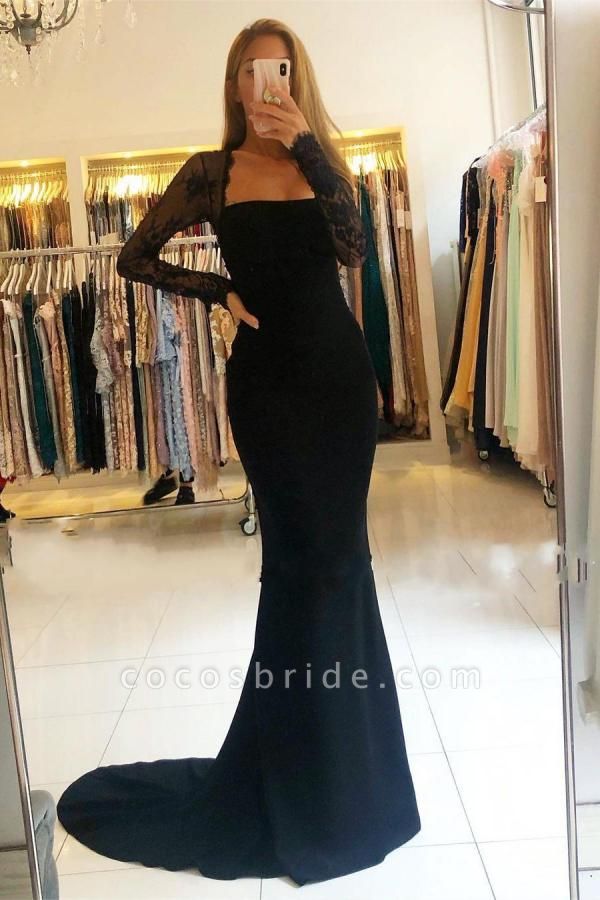 Classy Black Square Neckline Long Sleeve Appliques Lace Backless Mermaid Prom Dress
