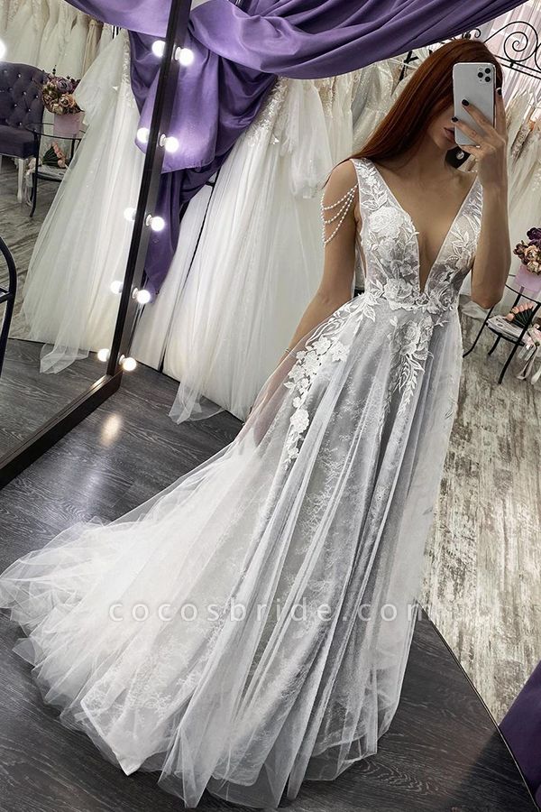 BC5753 Straps V-neck Appliques Pearls A-line Backless Wedding Dress