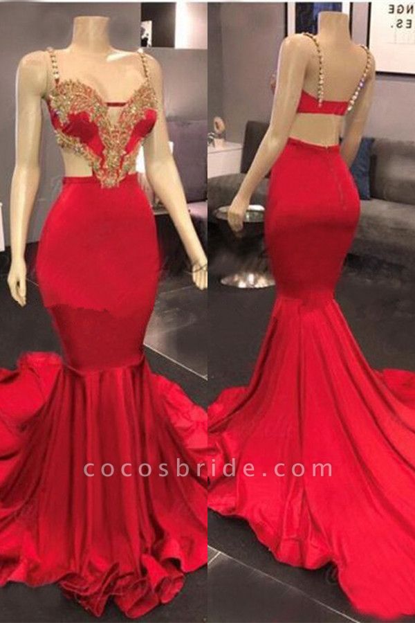 Sexy Spaghetti Straps Sweetheart Mermaid Prom Dress With Gold Appliques