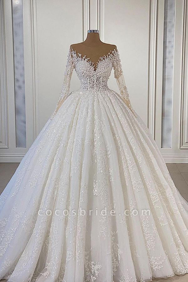 BC5665 Gorgeous Lace Long Sleeve Beads Ball Gown Wedding Dress