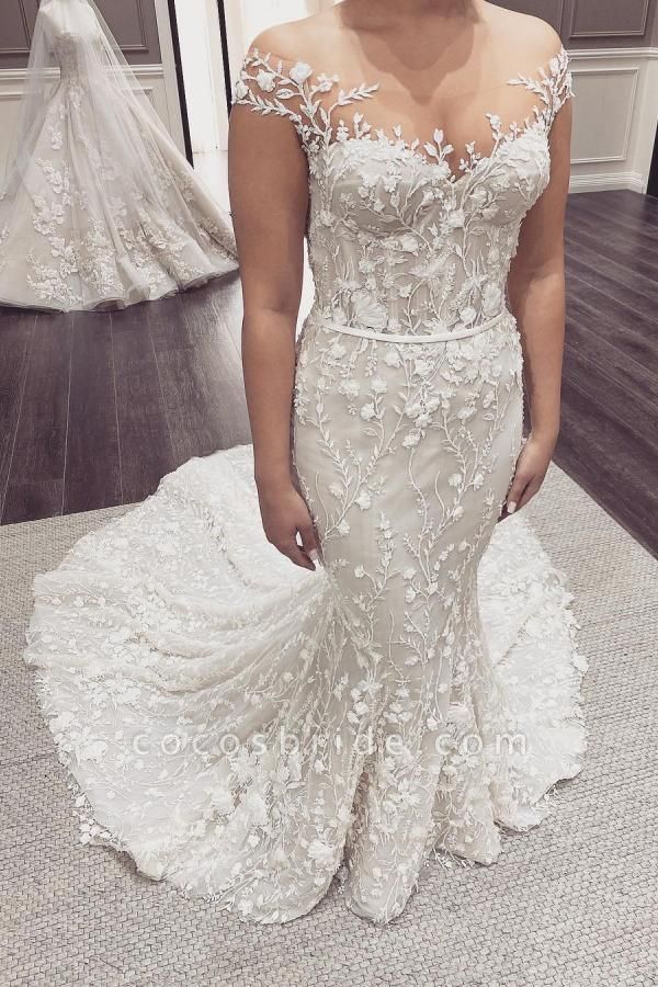 Elegant Off-the-Shoulder Appliques Lace Backless Floor-length Mermaid Wedding Dress