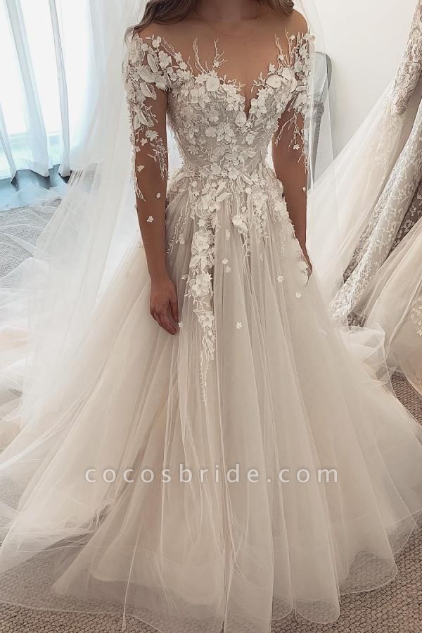 Elegant A-Line Sweetheart Long Sleeve Appliques Lace Tulle Wedding Dress
