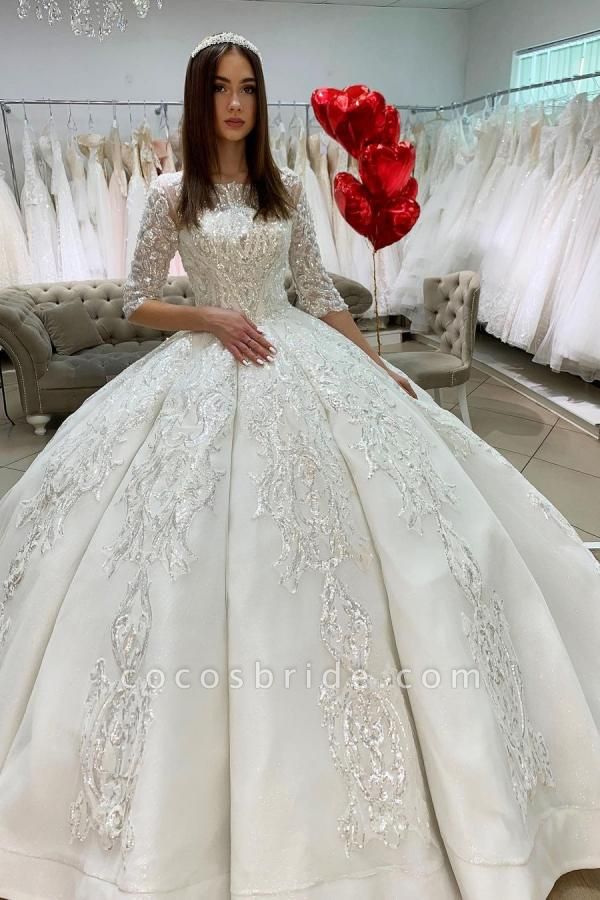Gorgeous Bateau Long Sleeve Appliques Lace Floor-length Satin Princess Wedding Dress