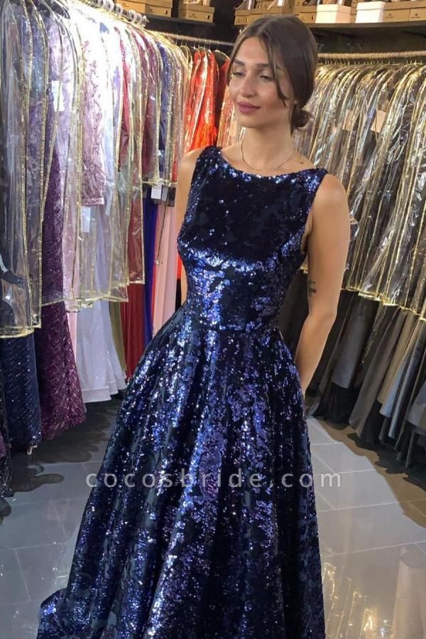 Luxury Bateau A-line Backless Floor-length Sequins Ruffles Prom Dress