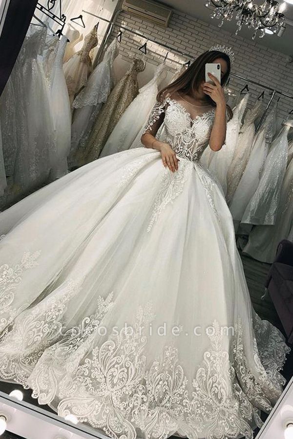 BC5662 Short Sleeve Appliques Sheer Tulle Ball Gown Wedding Dress