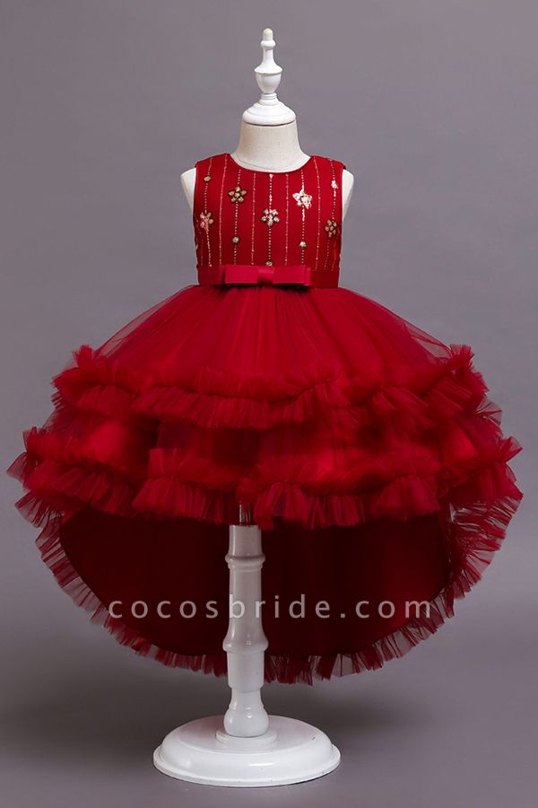 FS9977 Red Belt Tulle Ruffles Flwoer Girl Dress
