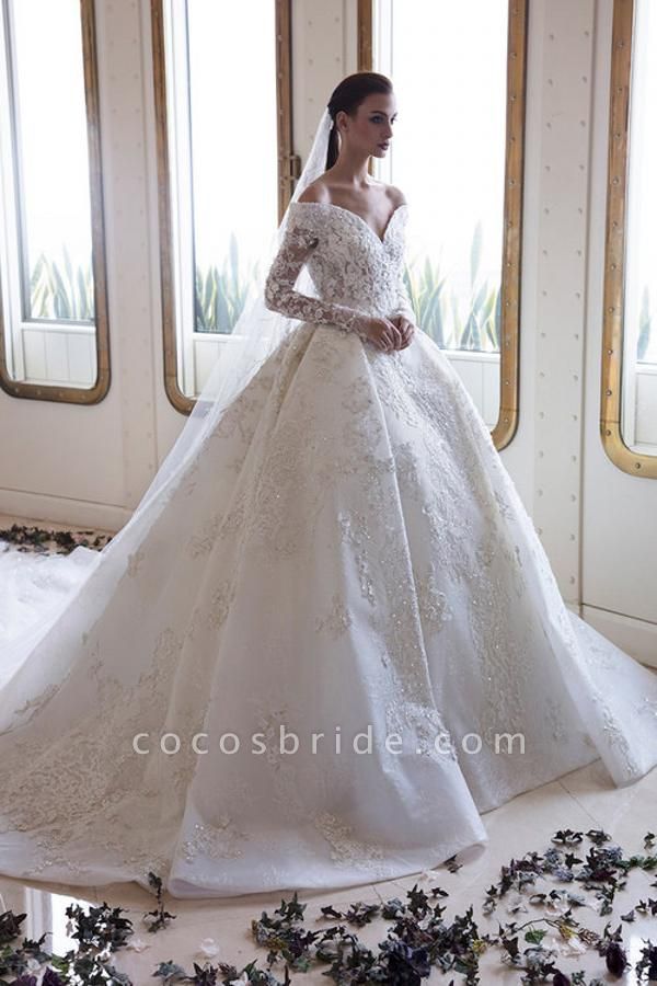 Gorgeous Off-the-Shoulder Sweetheart Long Sleeve Backless Appliques Lace Crystal A-Line Wedding Dress