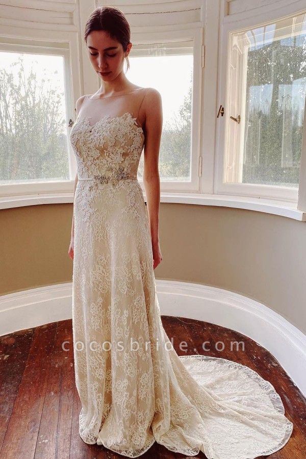Classy Bateau Appliques Lace Floor-length Mermaid Wedding Dress With Pearl Sash