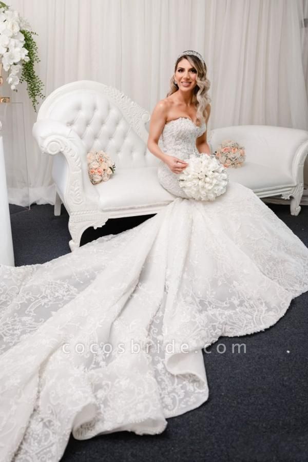 Beautiful Sweetheart Backless Appliques Lace Floor-length Church Mermaid Wedding Dress