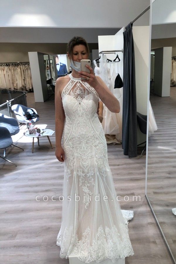 Elegant Halter Appliques Lace Backless Floor-length Mermaid Wedding Dress