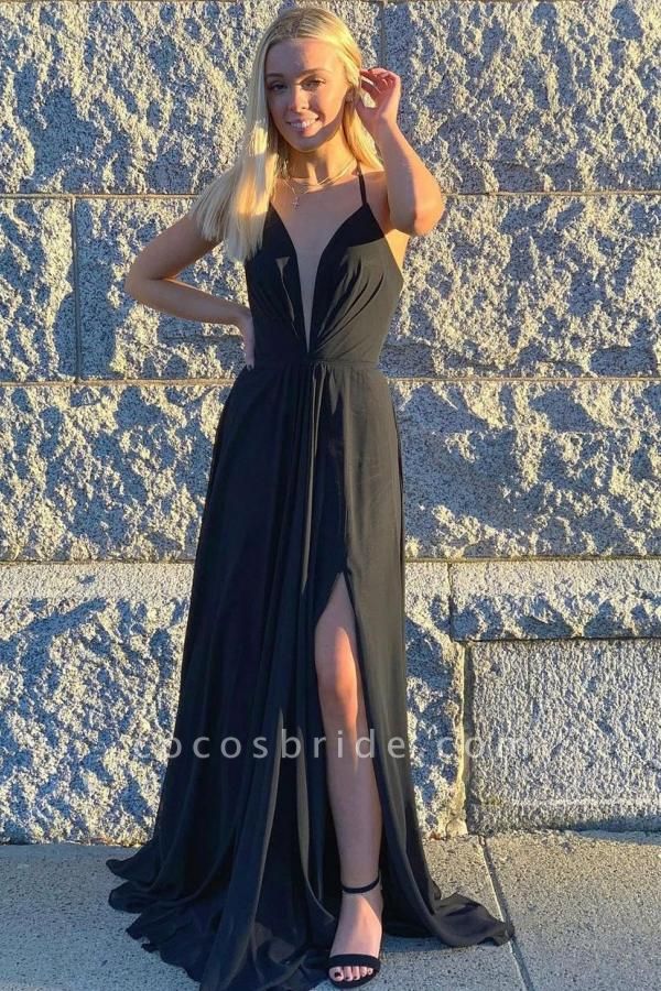 Simple Black A-line V-neck Spaghetti Straps Backless Ruffles Prom Dress with Slit