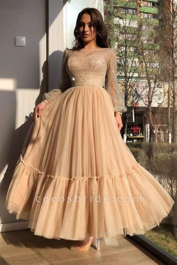 Brilliant A-line Bateau Long Sleeve Sequins Tulle Tea-length Prom Dresses