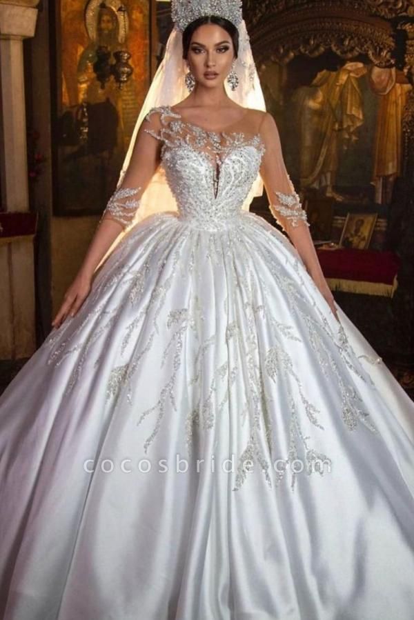 Wunderschönes langes Prinzessin-Schatz-Satin-Hochzeitskleid mit Ärmeln