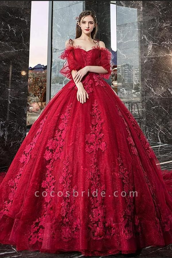 Gorgeous Train A-line Off-the-shoulder Spaghetti Straps Long Sleeve Appliques Lace Prom Dress