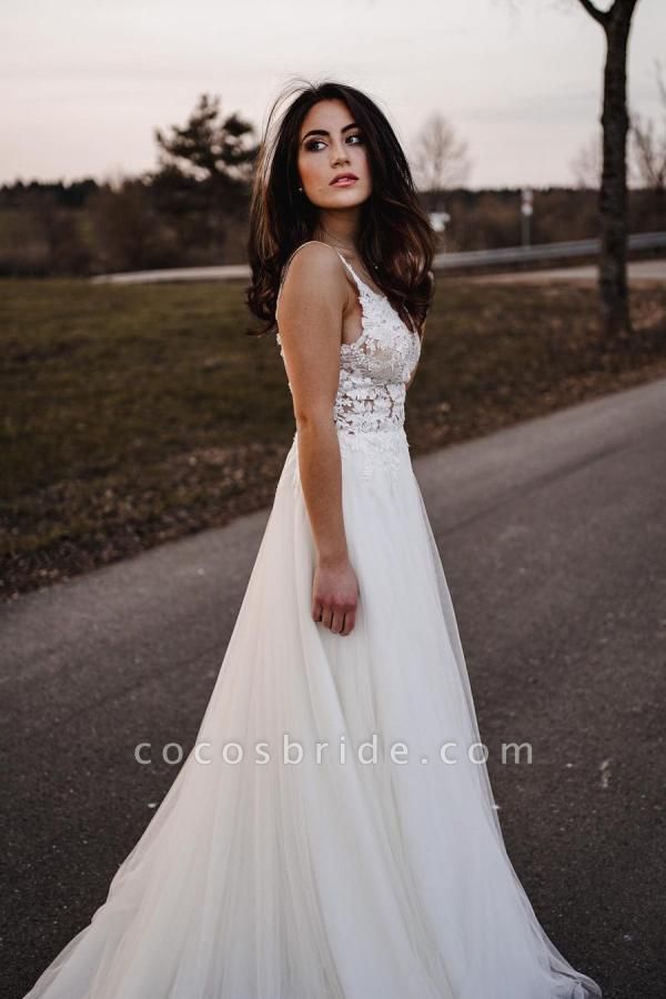 Simple Long A-line V-neck Tulle Wedding Dress