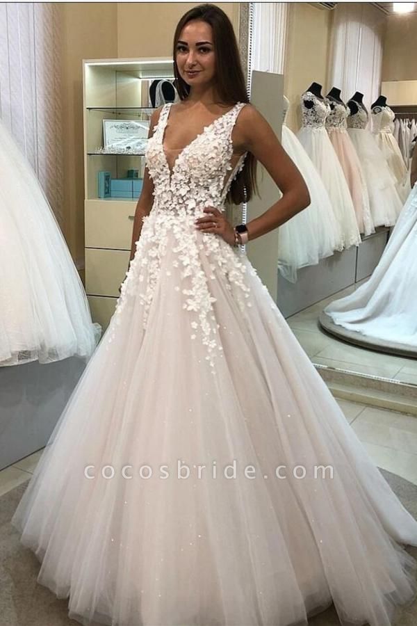 Elegant Long A-line V-neck Tulle 3D Floral Wedding Dress