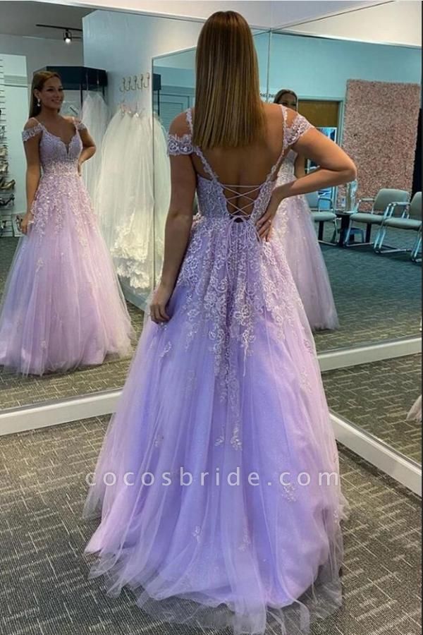 Elegant A-line Sweetheart Off-the-shoulder Floor-length Backless Appliques Lace Tulle Prom Dress