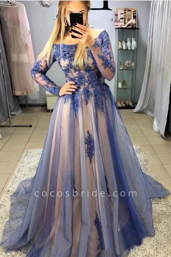 Beautiful Long A-line Jewel Tulle Prom Dress with Sleeves