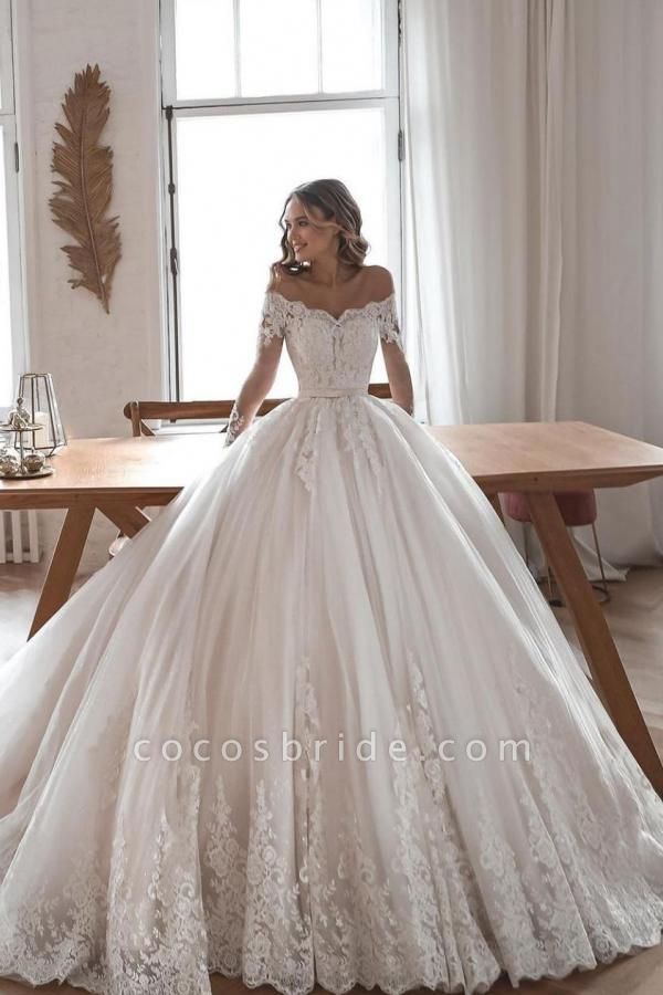 Gorgeous Long Ball Gowns Lace Tulle Wedding Dresses with Sleeves
