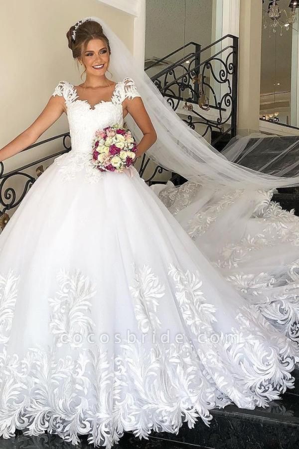 Elegant Long Princess Tulle Lace Wedding Dress with Cap Sleeves