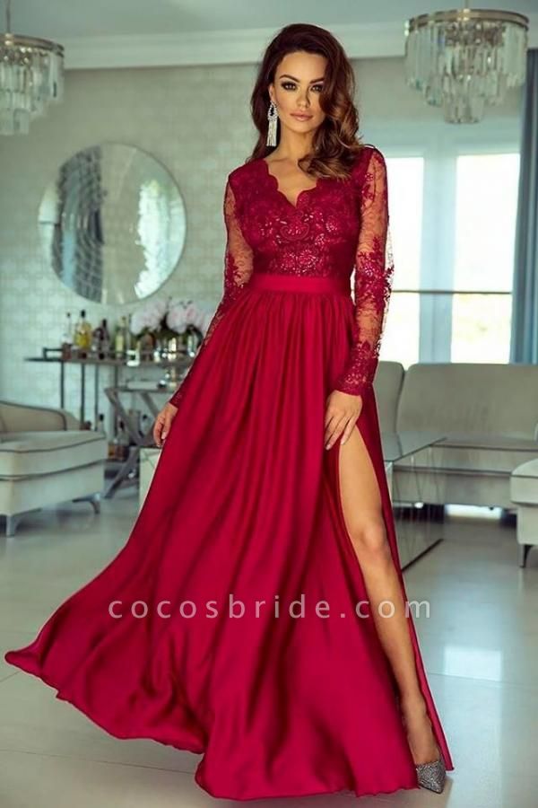 Vintage A-line V-neck Stretch Satin Long Sleeves Prom Dress with Slit