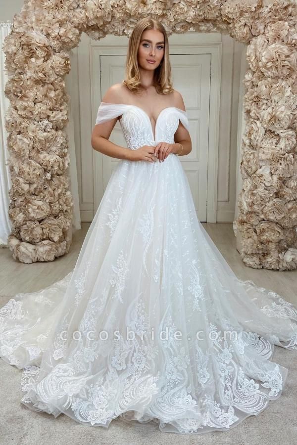 Romantic Long A-line Off-the-shoulder Tulle Lace Wedding Dress | Cocosbride