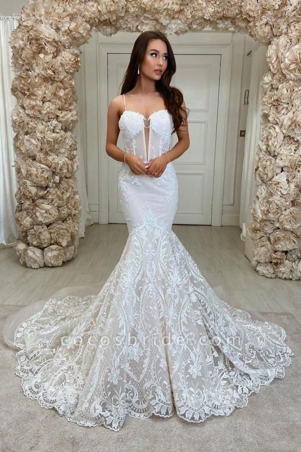 Chic Long Mermaid Sweeteart Spaghetti Straps Lace Backless Wedding Dress