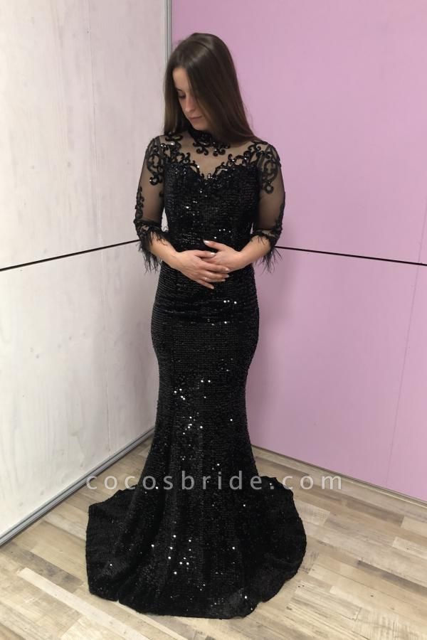 Elegant Black High Neck Long Sleeve Beading Sequins Floor-length Mermaid Prom Dress