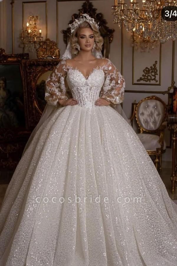 Luxuriöses langes Ballkleid-Glitzer-Hochzeitskleid mit Puffärmeln
